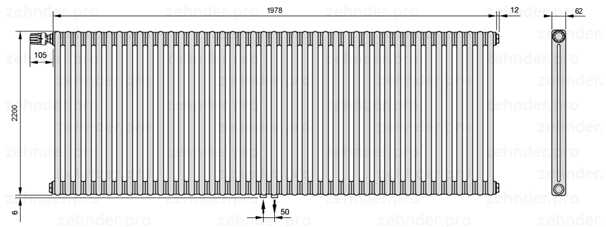 Схема (чертеж) Радиатор Zehnder Charleston 2220/43 №V007 Белый глянцевый RAL 9016